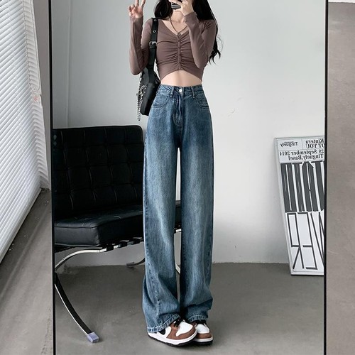 Vintage Blue Wide Leg Jeans for Women - Summer Thin Fit High-Waisted Pear Shape Straight Leg Loose Floor-Length Pants