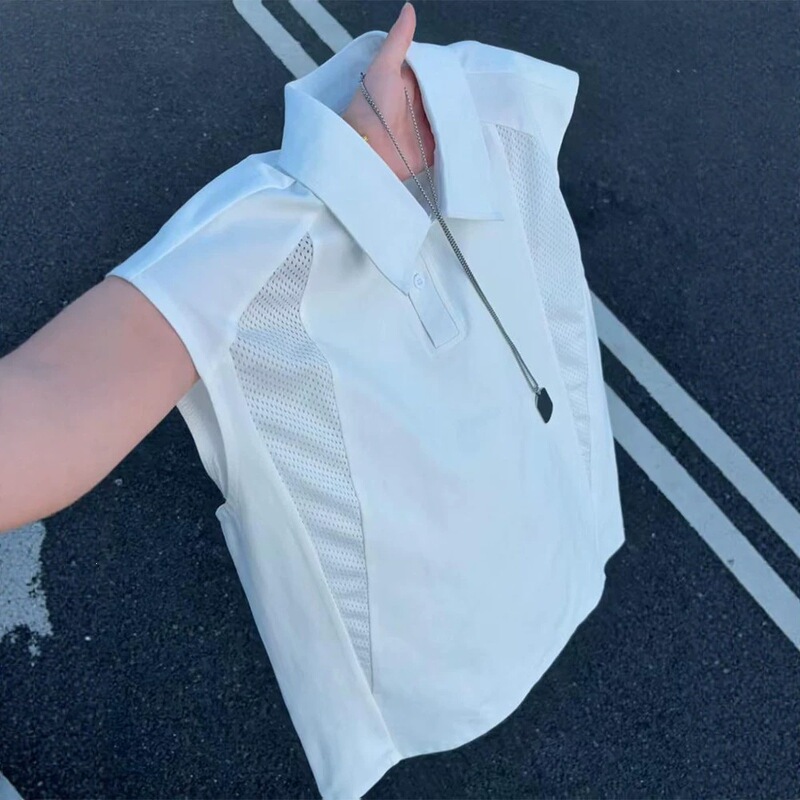 American-Style Deconstructed Mesh Polo Collar Sleeveless Vest for Men, Summer Thin Breathable Ice Silk Quick-Dry Sports Tank Top