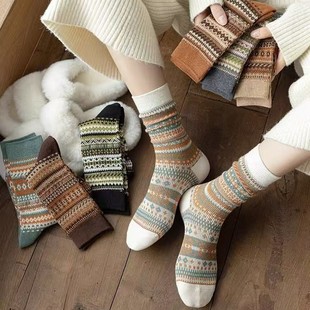 Vintage Ethnic Style Mid-tube Socks Women's Double Needle High Elastic All-match Stacking Socks Spring and Autumn Maillard Color Outwear Fashionable Socks
