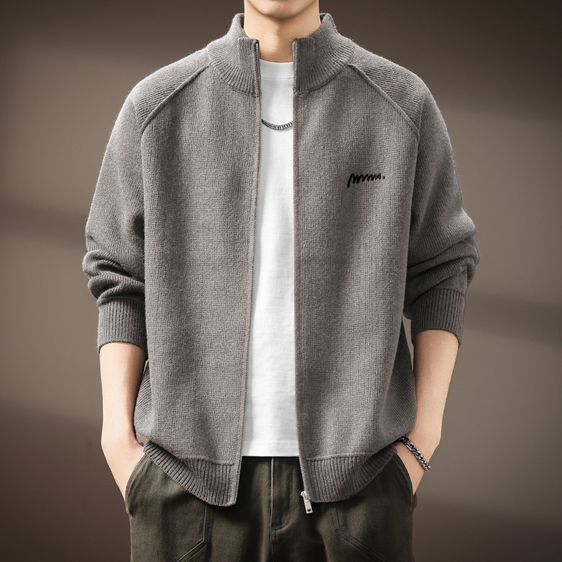 High-End Embroidered Stand-Up Collar Zipper Cardigan Knitted Sweater Men's Autum New American Fashion Brand Heavy Casual Jacket