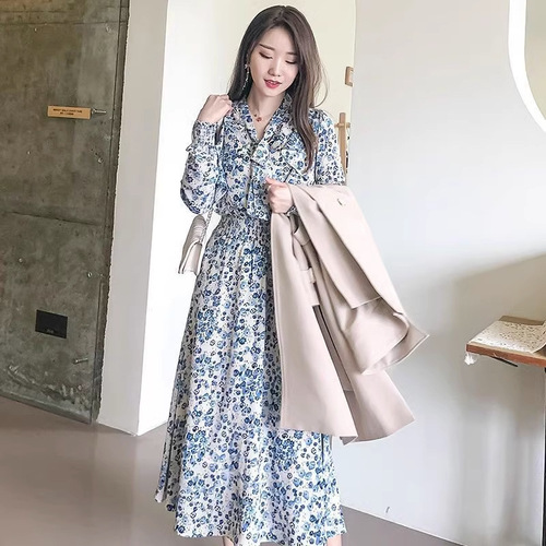 Light-colored floral Korean silk long dress, 2024 autumn new women's stylish and ethereal slimming French long dress
