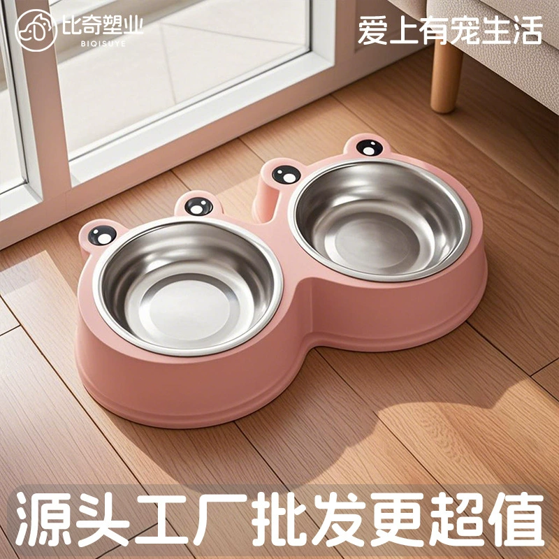 Новая миска для домашних животных, миска для кошек, мультяшная лягушка, двойная миска, встроенная миска для корма для собак из нержавеющей стали, миска для еды для кошек и собак, оптовая продажа