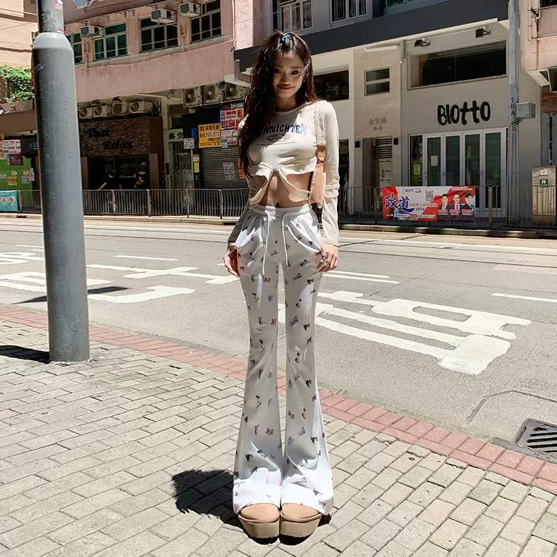 mali 玛莉&2024年秋季高腰抽绳松紧腰喵喵印花微喇修身休闲裤子