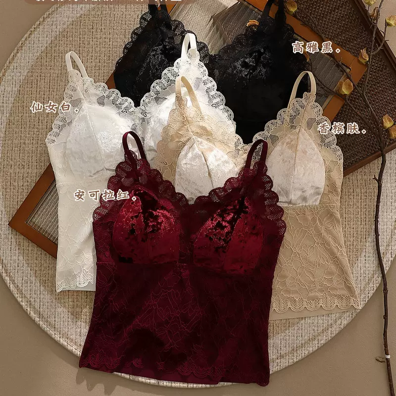 秋冬蕾丝金丝绒磨毛吊带带胸垫女内搭美背吊带小背心带胸垫背心