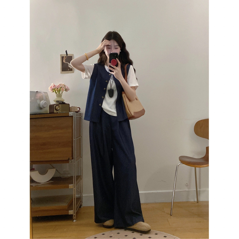 大码休闲套装2025新款夏季女装马甲上衣胖MM遮肉显瘦阔腿裤三件套|undefined