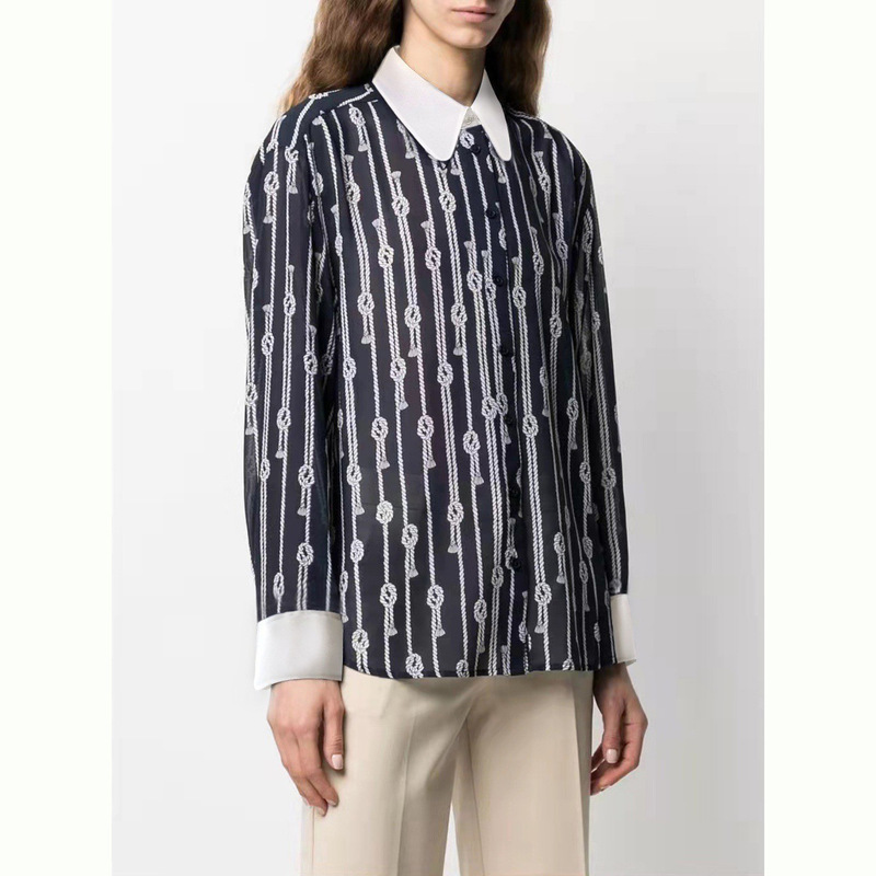 "Shili" Elegant Silk Shirt with Vertical Rope Print, Stylish Long-Sleeve Top for Women S3035