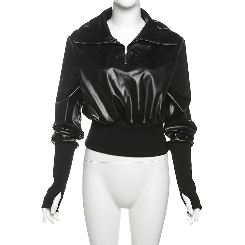 Winter Sexy Slim Short Patchwork Sweatshirt Solid Color Faux Leather Zipper Top