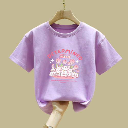 2317 100% Cotton Children's Short-Sleeve T-Shirt for Girls Summer Outfit Loose for Middle and Large Children Stylish and Versatile Top for Little Girls