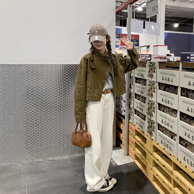 复古咖色牛仔短外套2025早秋新款小众宽松立领休闲工装夹克上衣女|undefined
