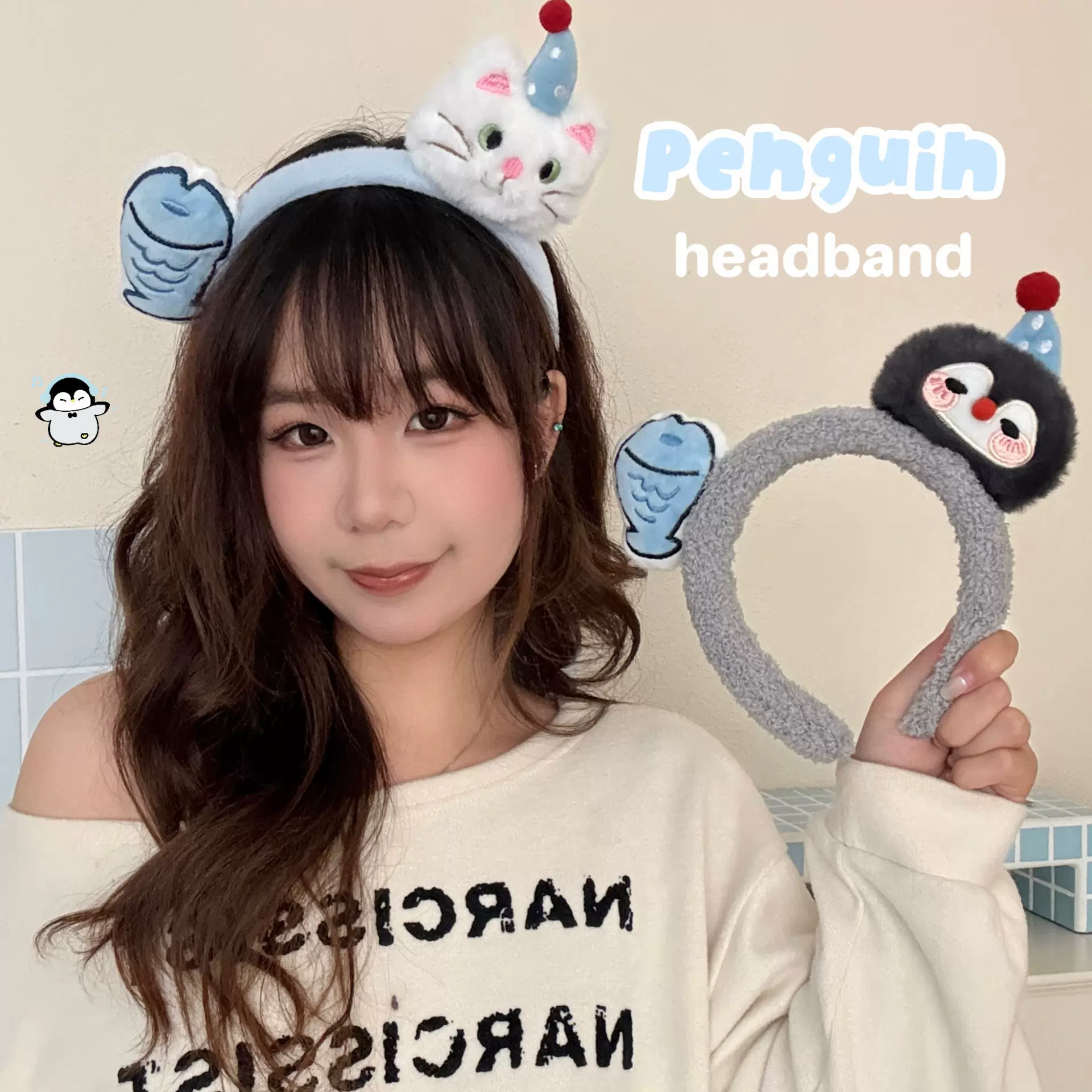 搞怪卡通萌趣猫咪小鱼发箍少女洗脸发卡头饰毛绒企鹅拍照道具头箍