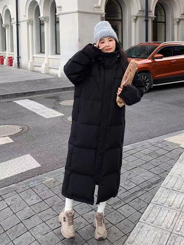 十三行冬季新款韩版黑色长款过膝面包服白鸭绒羽绒服女装批发货源|undefined