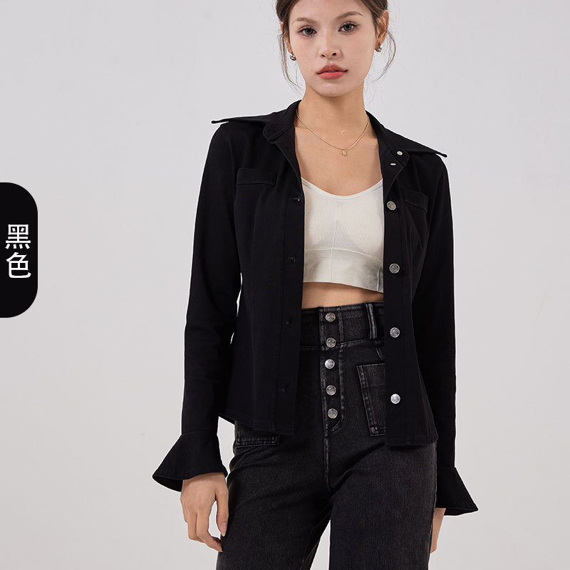 Nueva camisa de vaqueros con mangas de cuerno, camisa de vaqueros con cuello delgado, hebilla de metal elástica, chaqueta deportiva de fitness