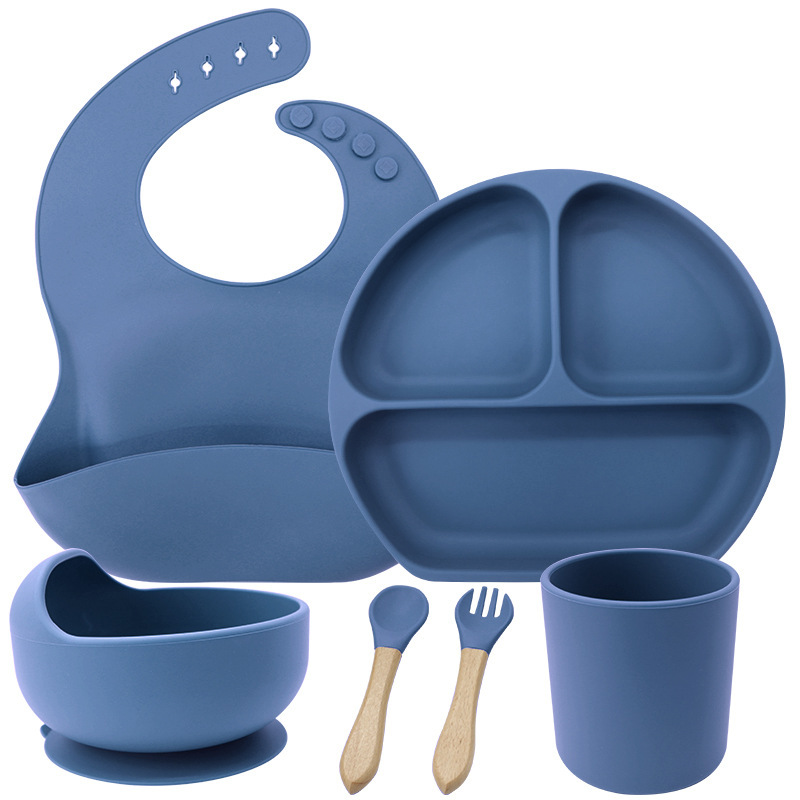 Conjunto de cubiertos de silicona para niños de grado alimenticio, platos de comedor de tres compartimentos, tazas de agua de silicona para bebés, tazas de silicona para estudiantes