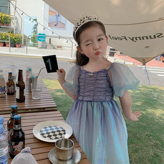 2026夏款女童人鱼姬渐变蓝色连衣裙洋气泡泡袖法式褶皱公主礼服裙