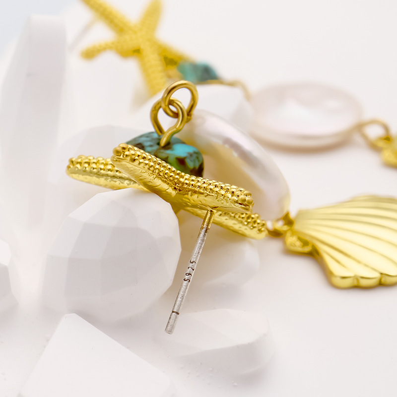 23g Weight Casual Retro Starfish Shell Freshwater Pearl Copper Plating 18k Gold Plated Women's Drop Earrings