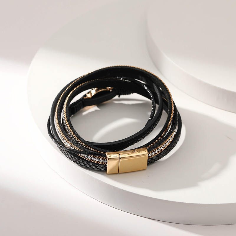 Round Pattern Ethnic Style Simple Style Round Pu Leather Layered Inlay Artificial Crystal Women's Bangle