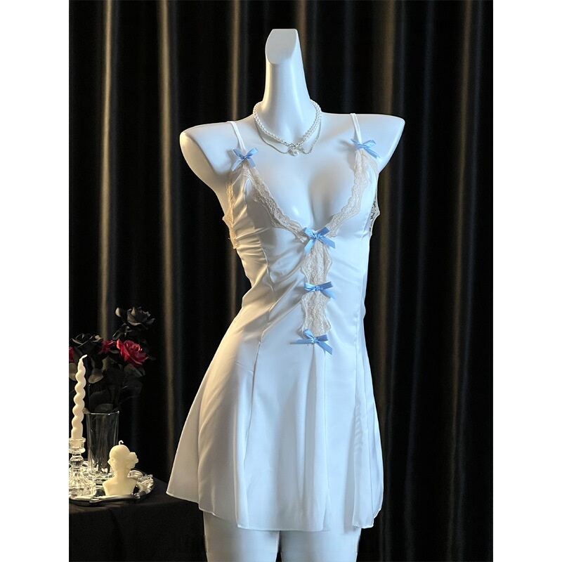 Pure Desire Style Girl Lace Bow Silk Nightgown French Sexy Ice Silk Camisole Nightdress for Women Summer High-End Feel Pure Desire Style Girl Lace Bow Silk Nightgown French Sexy Ice Silk Camisole Nightdress for Women Summer High-End Feel