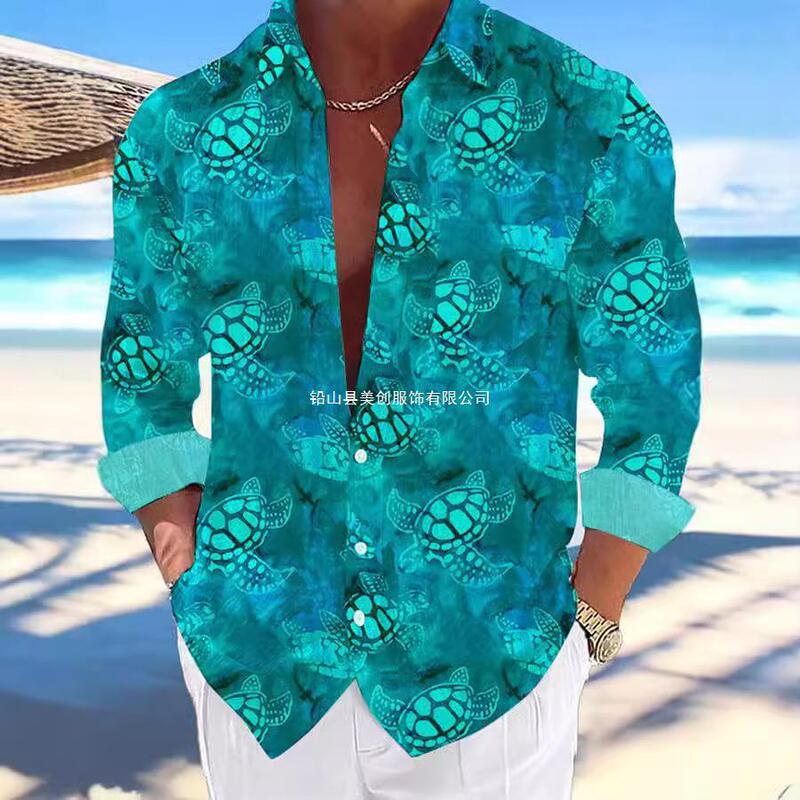 Cross-Border Men's Long-Sleeved Shirt 3D Turtle Print Fashion Casual Cardigan Youth Men's Clothing Source Pod Customization