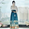 Stand collar top + antique floral ink blue horse skirt