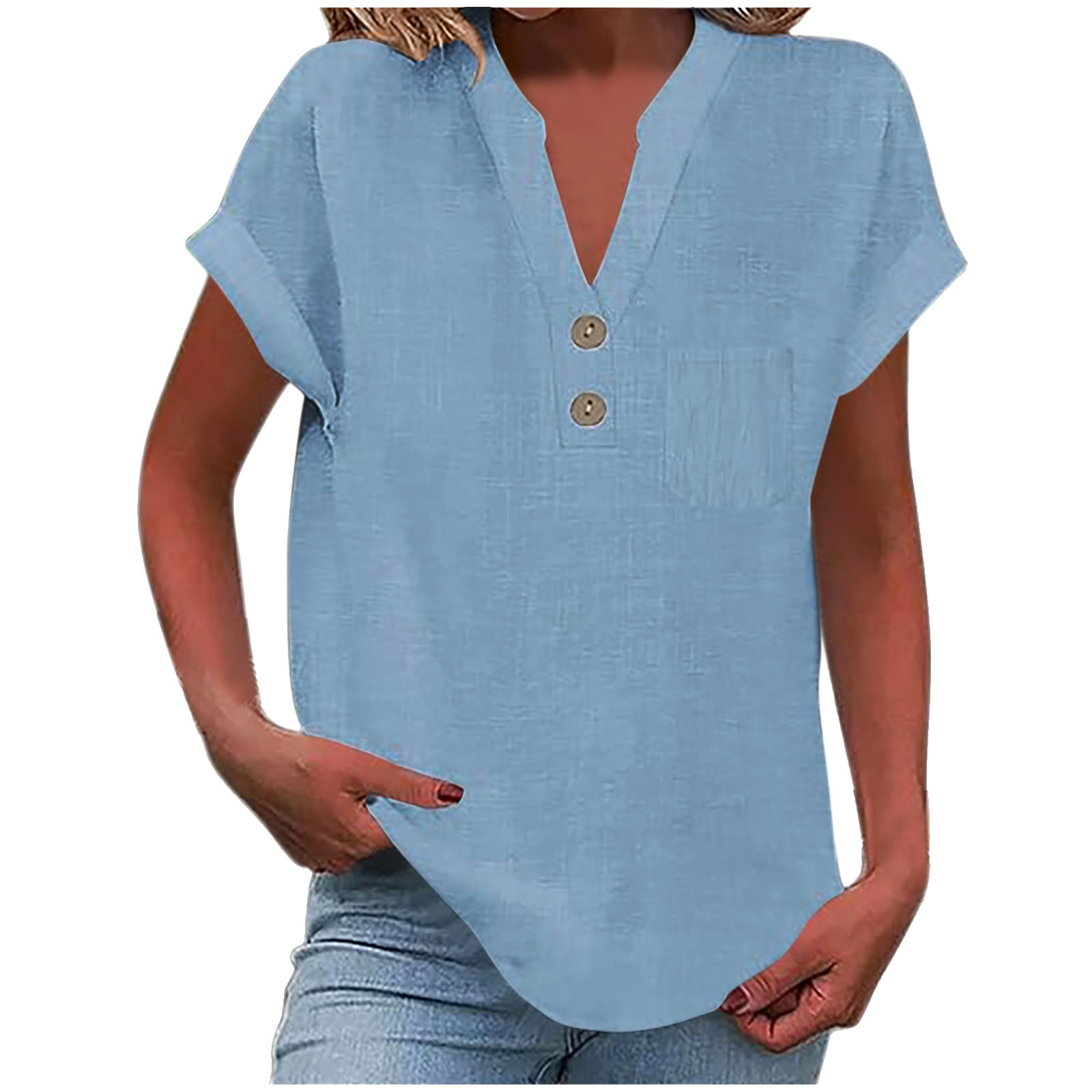 2025 European American Summer Solid Color Buttoned Short-sleeve Women's Shirt, Cotton-linen, Washed, Wrinkled,_ecoleips.com