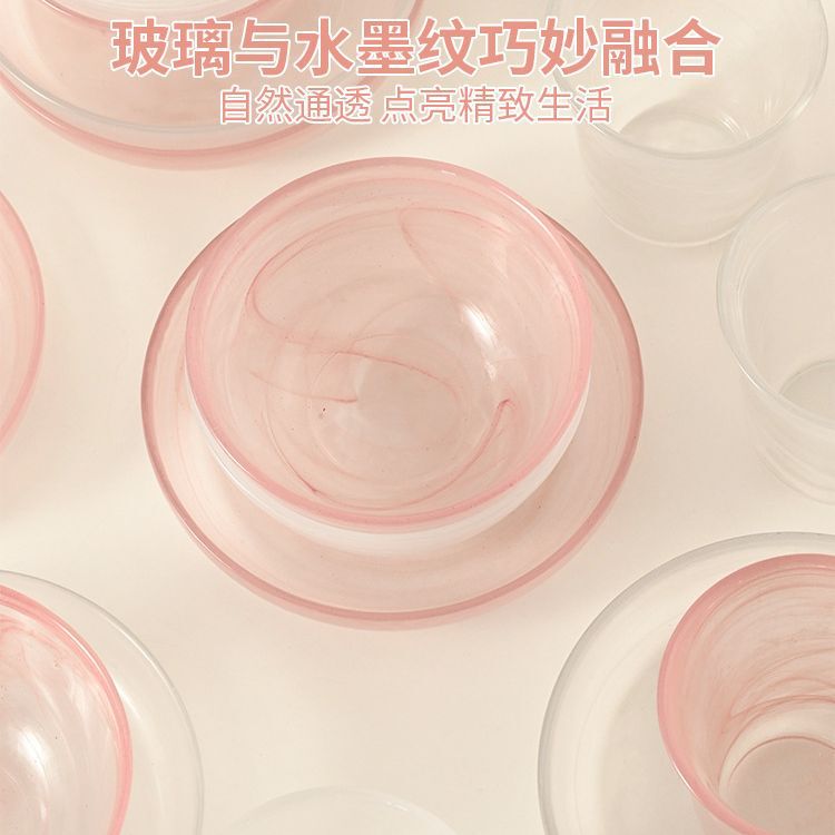 Ink painting series Bowl plate suit pink glass porridge bowl breakfast plate wholesale household Chinese creative Bowl plate