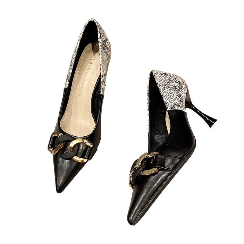 7306 Été 2022 Talon fin Pointu Bas Haut Quotidien Taille Unique Couleur Unie Noir Non fatigant Édition Coréenne Talons Hauts_voghion.com