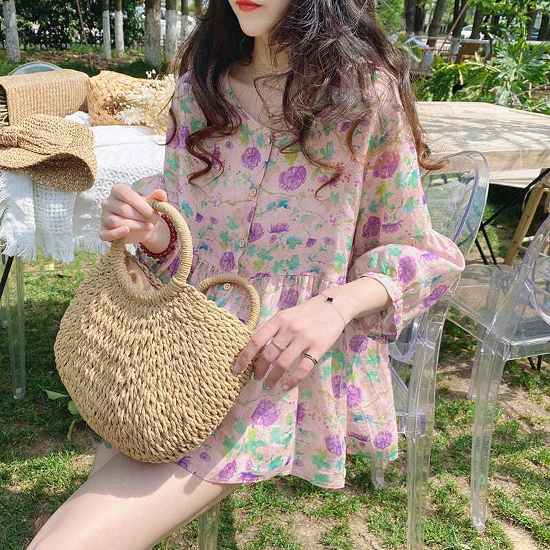 Babydoll Top Summer Korean Style Loose Commuting Retro Sweet Floral Puffy Shirt Mid-Sleeve Five-Quarter Sleeve Shirt