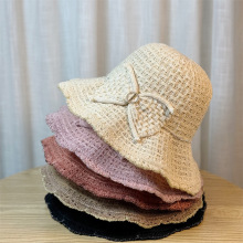 荷叶边镂空渔夫帽女新款夏季时尚简约蝴蝶结遮阳可折叠防晒太阳帽
