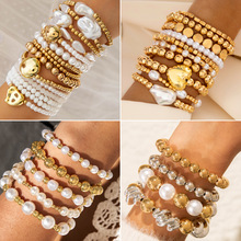 欧美跨境时尚爱心仿多层珍珠手链套装气质高级感串珠手链批发