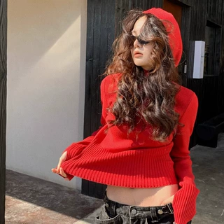 过年红色高领垫肩短款内搭连帽羊毛毛衣女秋冬修身打底针织衫上衣