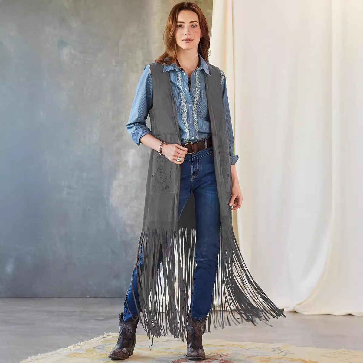 2023 nueva moda europea y americana borla chaleco femenino deseo Amazon adelgazamiento Delgado chaleco sin mangas chal