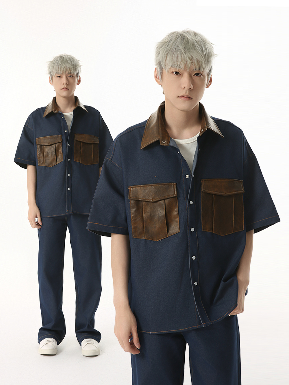 MTLCLOTHES Hombres| Nueva moda americana nicho color contrastante empalme PU cuero retro conjunto de camisa de trabajo