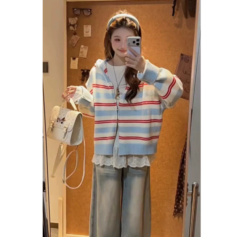 Korean-style gentle color-blocking striped hooded sweater cardigan for women, autumn and winter, loose, casual, slimming, versatile knit cardigan