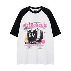 TKPA原創國潮牌甜酷貓咪印花t恤青年男女撞色插肩休閒情侶短袖T恤