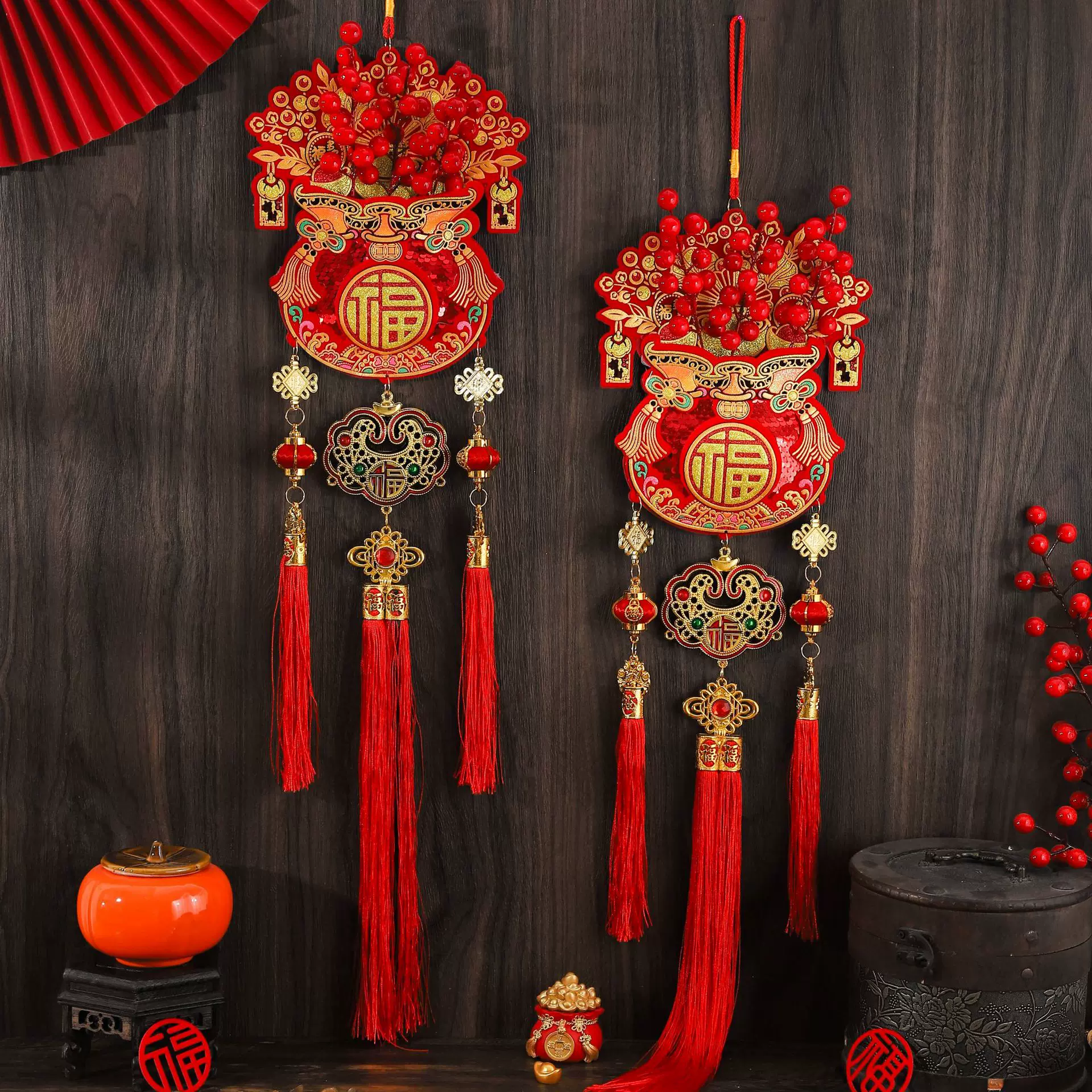 2026新款春节喜庆植绒印花福包红果挂串乔迁新居室内客厅装饰挂件