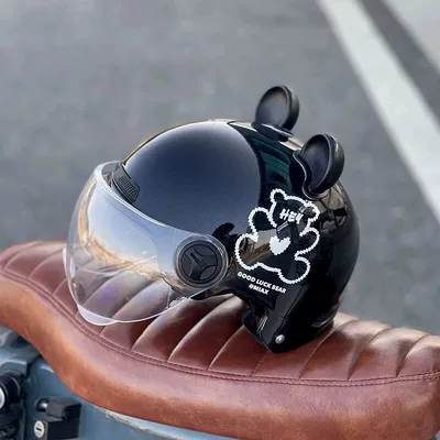 protection, cute, universal half helmet, motorcycle – Motosiklet kaskı (dəbilqə) - white-bear-black-high-definition-transparent-short-lenses-ears-3c-certified-rainproof-one-size-fits-all-unisex-head-circumference-53-60cm