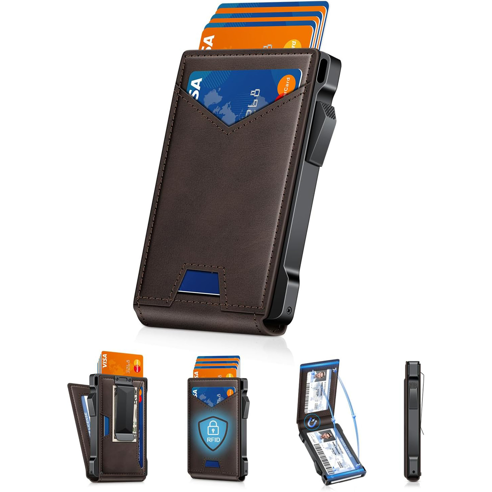 Personalizada RFID cepillo anti-robo flip cartera de cuero metal de aleación de aluminio tarjeta de absorción magnética cartera de fibra de carbono para hombres