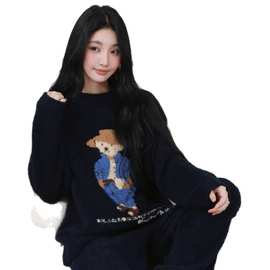 禾莳 2025秋冬软绵绵可爱卡通甜美格纹小熊针织加厚家居服睡衣可