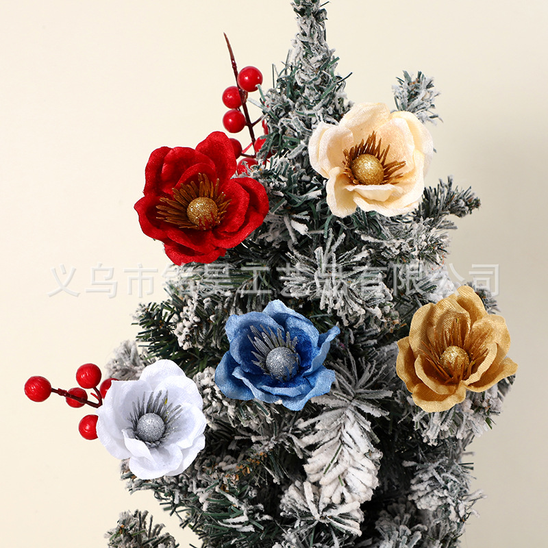 圣诞节装饰品7cm小玉兰花ins北欧风仿真圣诞花装饰DIY圣诞树道具