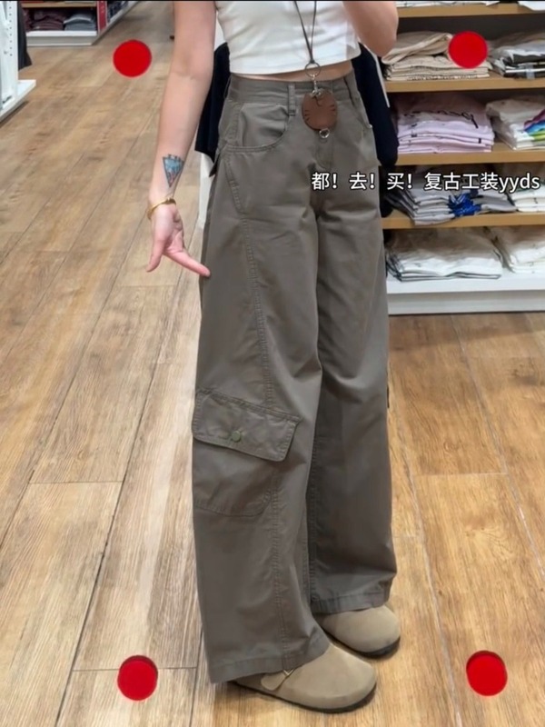 军绿色直筒工装裤女秋季2025年新款高腰宽松阔腿显瘦设计感休闲裤|undefined