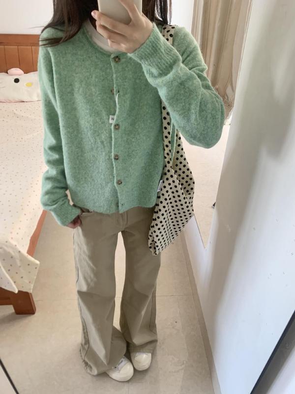 韩系小个子穿搭绿色早秋季开衫毛衣外套女宽松百搭软糯针织衫上衣|undefined