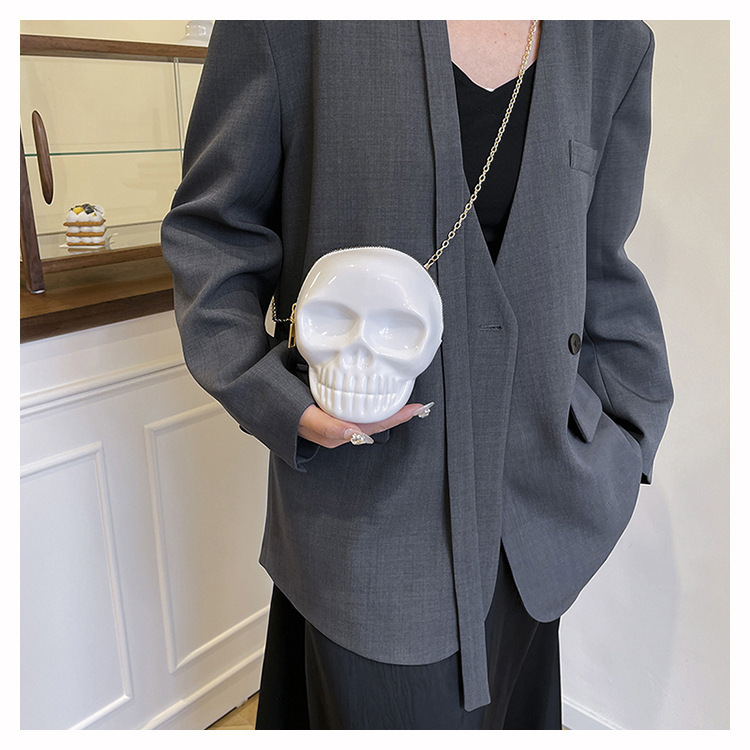 189g Weight Zipper Closure Type Single Shoulder Strap Strap Type Shoulder Bag Bags Type Casual Occasion Plastic Material Skull Pattern All Seasons Season Women's Gender Streetwear Style Oval Shape Mini Size Women's Mini Plastic Skull Streetwear Oval Zipper Shoulder Bag 3