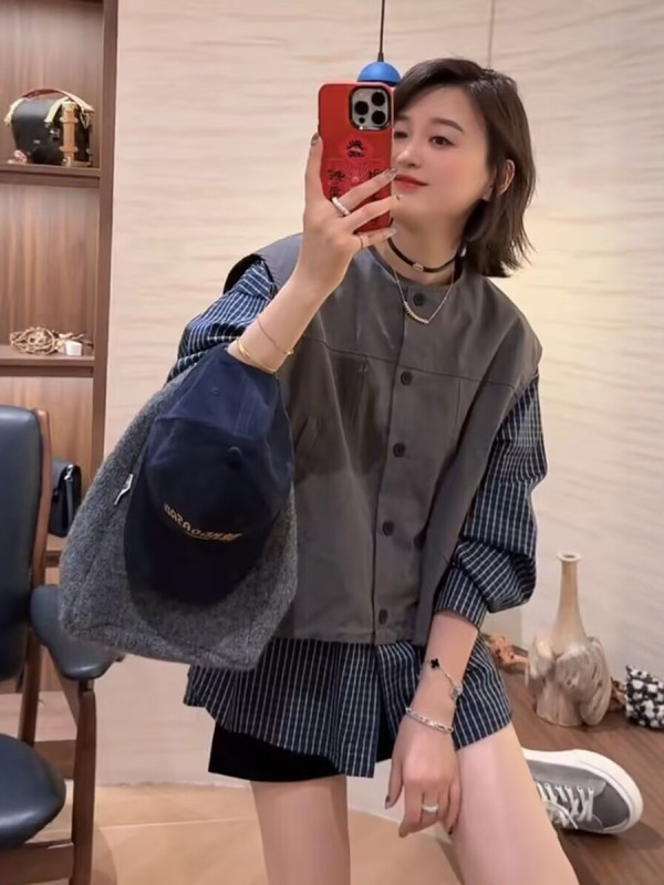 高端韩版设计感假两件衬衫女25秋新条纹拼接开衫宽松显瘦百搭上衣|undefined