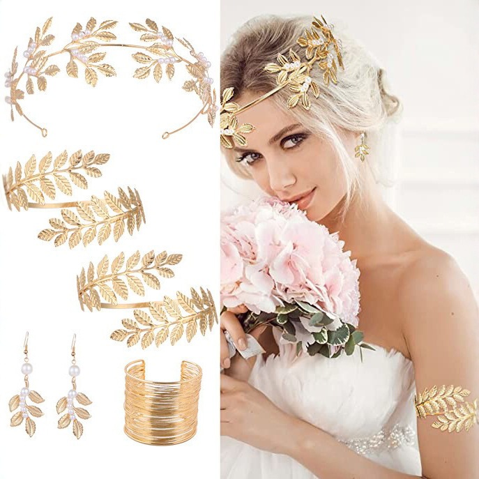Cross-Border Hot Selling European and American Bridal Pearl Leaf Headband Golden Leaf Hairpin Bracelet Earrings Armband Set