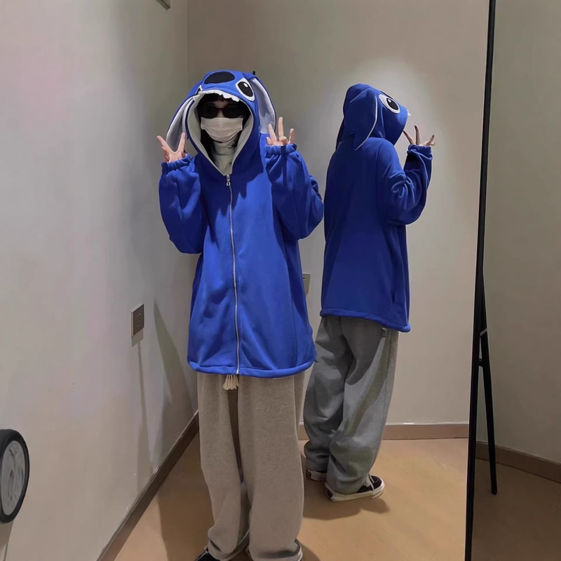 Hip-Hop Style Unisex Hoodie with Cute Ears, Fleece-Lined Zip-Up Jacket, Klein Blue Stitch Hooded Loose Cardigan