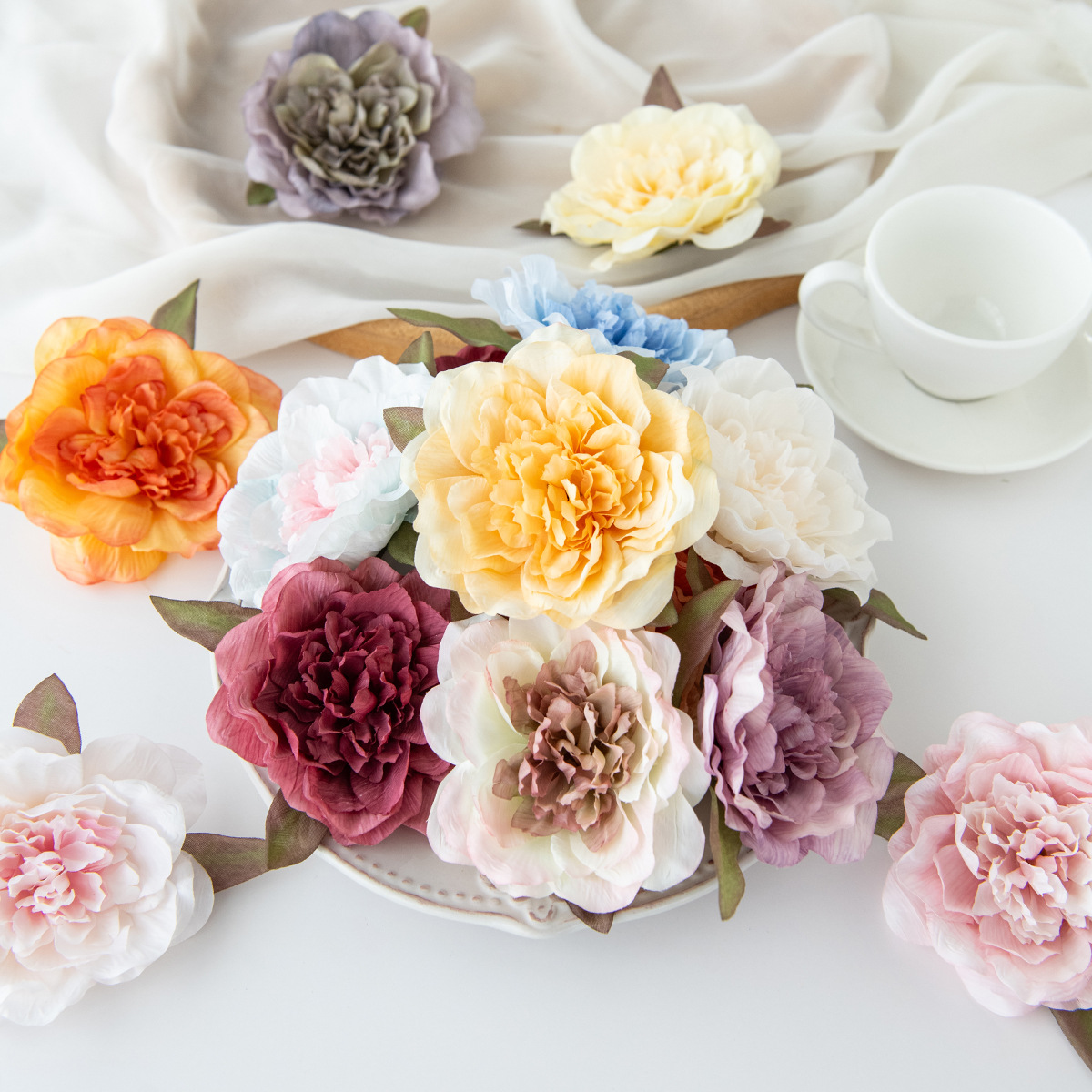 Artificial Camellia Flower Head French-Style Fake Peony Hairpin Flower Material Tea Silk Flower Head Wholesale Cross-Border Hot Sale