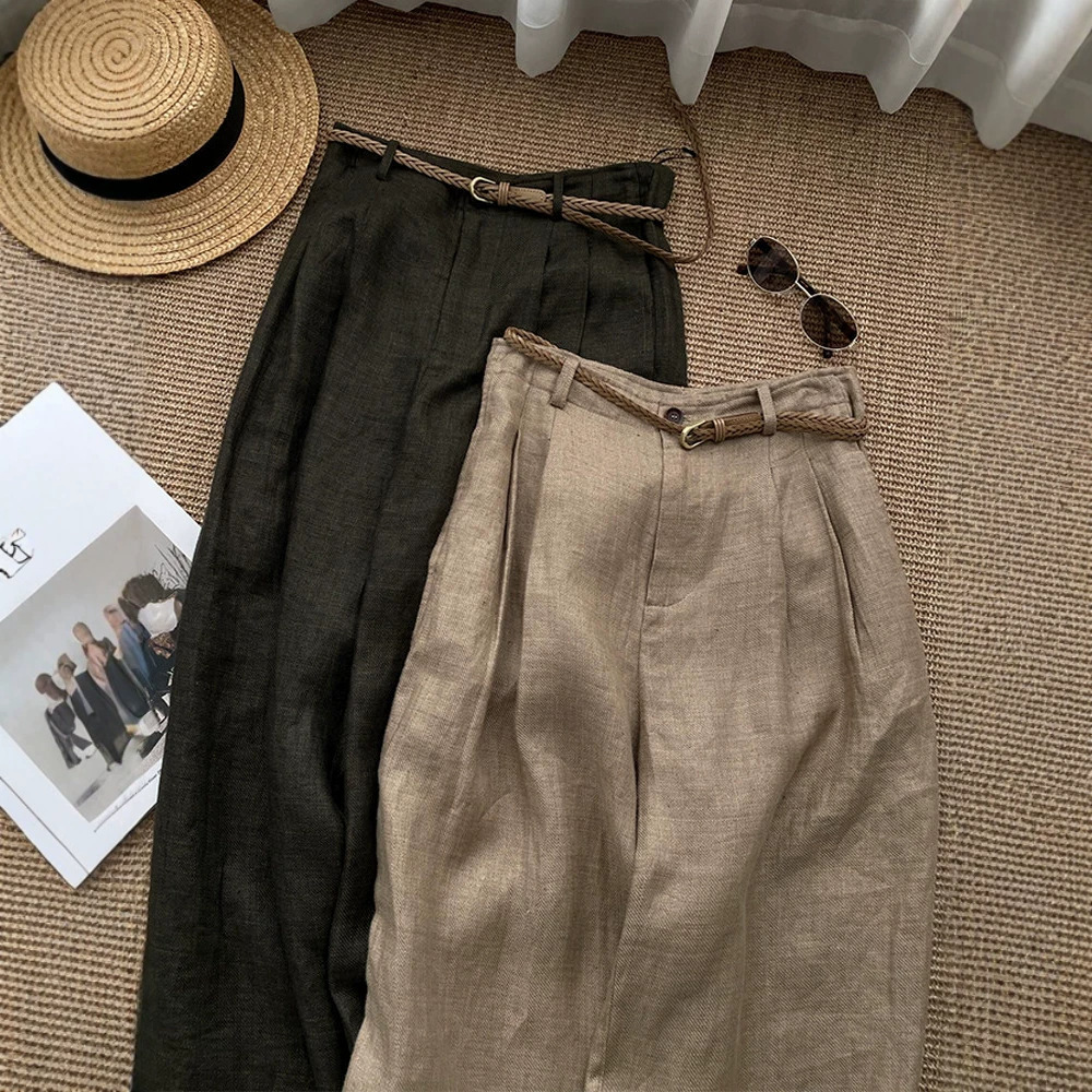 High Waisted Slimming Khaki Linen Wide Leg Pants For Women Trendy Relaxed Straight Leg Casual Trousers_ecoleips.com