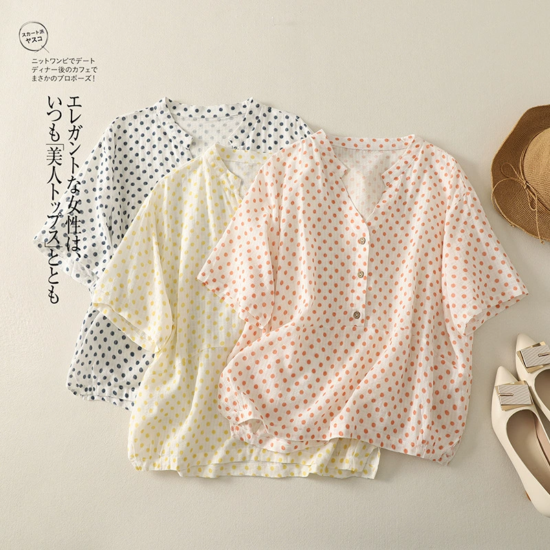 2025 новый хлопковый и льняный блузный блузный блузка женский летнее платье тонкий пуловер свободный тонкая футболка с короткими рукавами