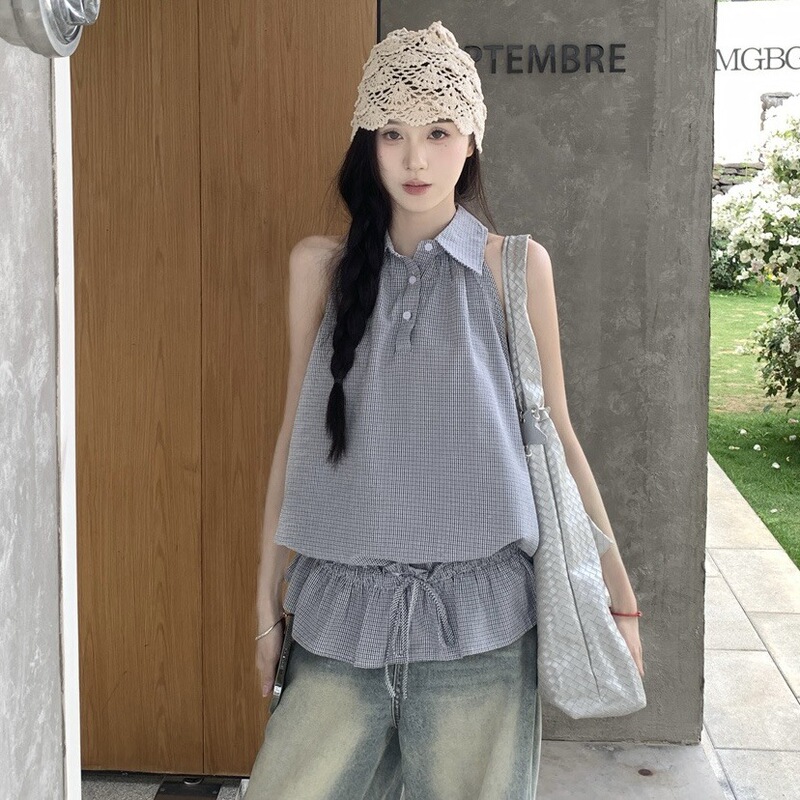 Korean Sweet Polo Collar Sleeveless Halterneck Plaid Vest Shirt Women's Summer Design Drawstring Loose Top