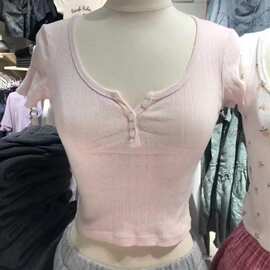 BM风 美式复古纯欲风bm同款碎花上衣孔眼三粒扣棉短袖t恤女上衣潮